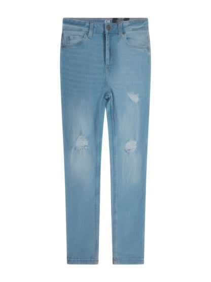 C&A - GIRL HIGH RISE SKINNY MID BLUE DENIM - NARROW LEG RIPPED WASHED - AGE 8-16