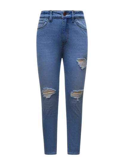 C&A - GIRL HIGH RISE SKINNY MID BLUE DENIM - NARROW LEG RIPPED WASHED - AGE 8-16